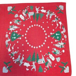 Vintage MCM Christmas Holliday Table Cloth Runner Elves Folk Art Boho Midcentury
